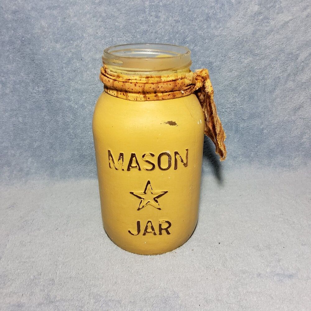 Vintage Primitive Mustard Yellow Painted Glass STAR Mason Jar Country Decor